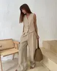 Wolfeel Womem Linen Cotton Chic Vest ＆ Pants Suit Two-piece Set Office Ladies