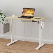 [ADVWIN] Electric Standing Desk, Height Adjustable Ergonomic Sit Stand Desks with Hanging Hooks and Cable Management, 100 x 55 cm Whole Piece Desktop, for Small Space, White Frame+Oak Desktop