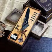 Deluxe Gift Boxed Retro Feather Calligraphy Dip Quill Pen Set - Black Goose F...
