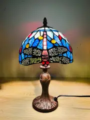 Tiffany Table Lamp 14", Leadlight Stained Glass Crystal Bead Dragonfly Sky Blue