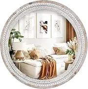 SAMGUYUE 24 Inch Round Mounted Wall Mirror, Farmhouse Circle Decorative Mirror with White Wash Beads, Wooden Frame Rustic Boho Mirror for Bedroom, Bathroom, Living Room, Entryway Decor