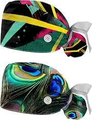 [YTYVAGT] 2-Pc,Nurse Scrub Caps,Scrub Hats with Buttons and Cotton Sweatband,Abstract Art Geometry Style Pattern