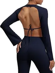 [Ausing] Women's Crop Tops Round Neck Backless T Shirt Long Sleeve Padded Yoga Crop Top Basic Y2K Tee Shirt Slim Fit Workout Tops Elegant Going Out Crop Tops Running Yoga Tops Streetwear S-XL