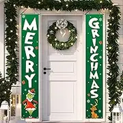 Jesiramoo Christmas Decorations Outdoor Yard: Cute Green White Front Porch Sign Set, Funny Thief Christmas Door Banner, Merry Grinchmas Decor for Home School Office Indoor Wall Garage Yard Outside