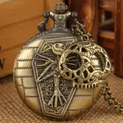Bronze Men's Pocket Watch with Engraved Nightmare Skull Quartz Movement Chain