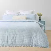 Gingham Ruffle Reversible Cotton Quilt Cover Set - Queen Bed, Blue