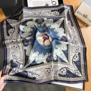 100% Mulberry Silk 26'' Square Scarf Neck Hairband Bandana Dark Blue waves Deer