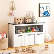 HONEY JOY Kids Toy Storage Organizer with 3 Bins, Wooden Children Bookshelf w/Writable Blackboard Top, Open Shelf, 3 Storage Bins & Rolling Wheels, Toy Storage Cabinet for Kids Room, White