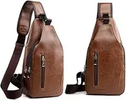 [D.LerBung] Men's Sling Bag Leather Chest Shoulder Backpack Water Resistant Anti Theft Crossbody Bag with USB Charge Port