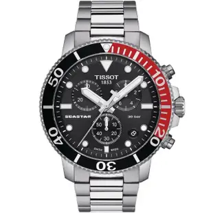 【TISSOT 天梭】Seastar 1000 海洋之星 可樂圈 300米潛水三眼計時錶-45.5mm 送行動電源(T1204171105101)