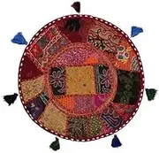 Sophia Art Round Floor Pillow Cushion Patchwork Pouf Ottoman Vintage Indian Foot Stool Bean Bag Floor Pillow Cover Home Decor Living Room Ottoman Bohemain Pillows (Alteration Multi, 28 Inch)