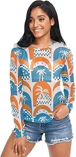 [RPLIFE] Arch Palm Trees Mesh Top Women Long Sleeve, Sheer See Through Tops for Women S-XXL