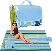 Picnic Blanket Outdoor Picnic Mat Camping Mat Beach Blanket Portable Tersely Mat 79"x57" Extra Large Foldable Waterproof Sandproof Rug for Beach, Camping, Park, BBQ and Music Festivals (Blue Stripe)