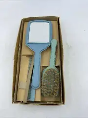 Vintage CELLULOID Vanity Set w/ Box 3pcs SCOTTIE DOG Scottish terrier brush comb