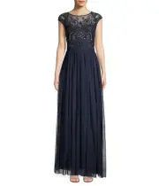/LX068/ Aidan Mattox Beaded Bodice Cap-Sleeve Gown Maxi Dress Twilight Sz 8 $395