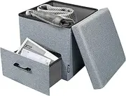Stelive Folding Storage Ottoman, Cube Foldable Square Foot Rest Stools with Drawer, Blanket Box, Oxford Linen Footstool with Highly Elastic Sponge Filling - 40x40x40cm (Grey)