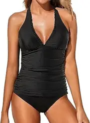 [Generic] Two Piece Tankini Swimsuits for Women Tummy Control Bathing Suits Ruffle Halter Tankini Top with Bikini