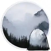 Foggy Mountain and Pine Trees Round Beach Towel