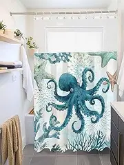 Clblhlolkuy Waterproof Shower Curtain for Bathroom, Ocean Blue Octopus Undersea Starfish Coral Hotel Fabric Soft Bath Curtain with Semi-Transparent Top Window & Hooks, 72"x72"
