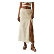 Anthropologie Cotton Maxi Skirt Cream Knit Front Slit Side Zipper Sz 16