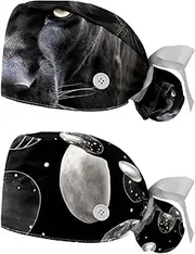 [YTYVAGT] 2-Pc,Nurse Scrub Caps,Scrub Hats with Buttons and Cotton Sweatband,Black Animal Leopard