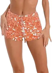 [Linjinx] Womens Sexy Mini Micro Shorts Shiny Sequin Shorts Mesh Layer Fully Lined Short Hot Pants
