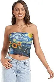 [RPLIFE] Starry Night Sunflowers Blue Women Tube Top Womens Strapless Top, Sheer Tube Tops, Summer Clothing (S)