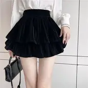 Stand Collar Velvet Panel Tweed Crop Single Breasted Jacket / High Waist Plain Tiered Velvet Mini A-Line Skirt / Long-Sleeve Stand Collar Lettering Print Tie Front Ruffle Blouse Skirt - Black - M