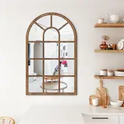 Arched Window Wall Mirror, Rustic Farmhouse Wall Mounted Wooden Frame Mirror, 3D Acrylic Mirror Wall Stickers Decor, Window Decorative Mirrors for Living Room Bathroom Bedroom, 16.5" x 10.6" (Brown)