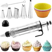 Fayelong Professional Cake Decorating Set - 6 Stainless Steel Nozzles & 7 Silicone Muffin Cups, Reusable Icing Dispenser for Baking, Cookie, & Bread Decorating
