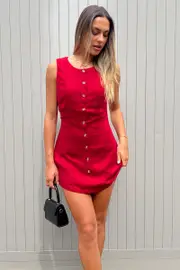 Red Button Through Mini Dress - Size 6XXS, Women's Skater Dress
