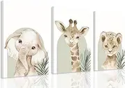 HNNXAR Nursery Canvas Wall Art Set Of 3 Baby Boy Girls Kids Room Picture Wall Decor Jungle Safari Lion Elephant Giraffe Poster Painting Cute Animal Prints For Children Toddlers Bedroom 12x16 Framed