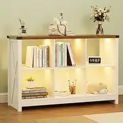 Dystler Bookcase Bookshelves - Farmhouse White Bookcase with Led Lights, 6 Cube Kids Book Cases with Open Shelf, Wood Bookshelf for TV Stand, Bedroom, Living Room