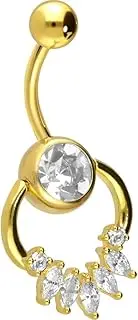 [PIERCINGLINE] Surgical Steel Belly Bar with Ring and Crystal Drops - Banana Bell Piercing in 3 Stylish Colours