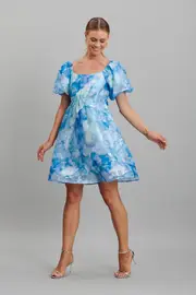 Women's Party Sunset Sky Dress Short Sleeve in Blue Floral Organza 8