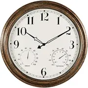 SecreShow 16 Inch Large Indoor Outdoor Wall Clock,Waterproof Non-Ticking Clock with Thermometer and Hygrometer Combo,Battery Operated Clock Wall Decorative-Bronze