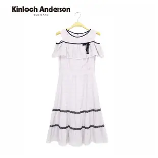 【Kinloch Anderson】金安德森女裝 甜美小露肩荷葉雪紡蕾絲蝴蝶結洋裝蛋糕連身裙 顯瘦收腰連衣裙長裙(粉紫)