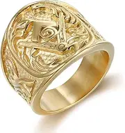[Generic] Retro Carving AG Master Masonic Ring 18k Gold Plated Titanium Steel Band for Men