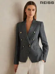 Reiss Navy Baker Linen-Cotton Double-Breasted Blazer (AP8494) | $570