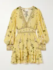 [Camilla] Camilla - Crystal-embellished Printed Silk Crepe De Chine Mini Dress - Yellow - x large x large Yellow