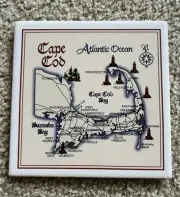 RARE VINTAGE WHITE CERAMIC TILE TRIVET CAPE COD NAUTICAL SHIP MAP 6"X6"
