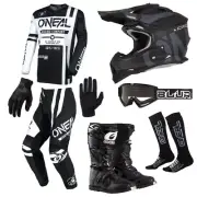 O'Neal Element Warhawk Blk/Wht Gear Helmet Boots Gloves Socks Goggle Combo Kit