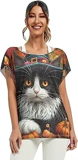 [Joisal] Cartoon Bee Boatneck Tops for Women Loose Women's Blouses, Bathing Suit Cover Up, Business Tops for Women, Cute Cat Witch Hat Pumpkin, X-Large