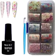 Warm Girl 8ML Nail Art Foil Glue Gel with 10PCS Starry Sky Star Flower Foil Stickers Set Nail Transfer Tips Manicure Art