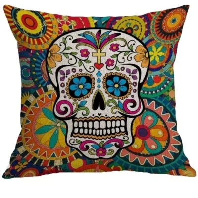 Sugar Skull Pillow Cover Cotton Linen Square 18 x 18 inch Vibrant Multicolor