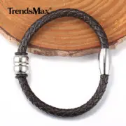 6mm 7-10" Brown Man-made Braided Leather Rope Bracelet Magnetic Clasp Bead Charm