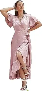 [Miessial] Women's Summer Chiffon V Neck Ruffle Maxi Dress Polka Dot Long Beach Wrap Dress
