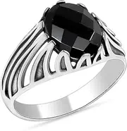 [LeCalla] 925 Sterling Silver Black Onyx Signet Ring for Men | Handmade Semi-precious Black Onyx Gemstone Ring | Vintage Inspired Antique Men's Jewelry (Size 8-10 No.)