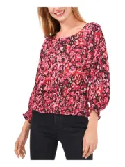 $79 Vince Camuto Womens Floral-Print Smocked Peasant Top Fuchsia Orange Size XS