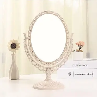 幸福揚邑 歐式麥稈化妝鏡旋轉放大雙面桌鏡-橢圓米